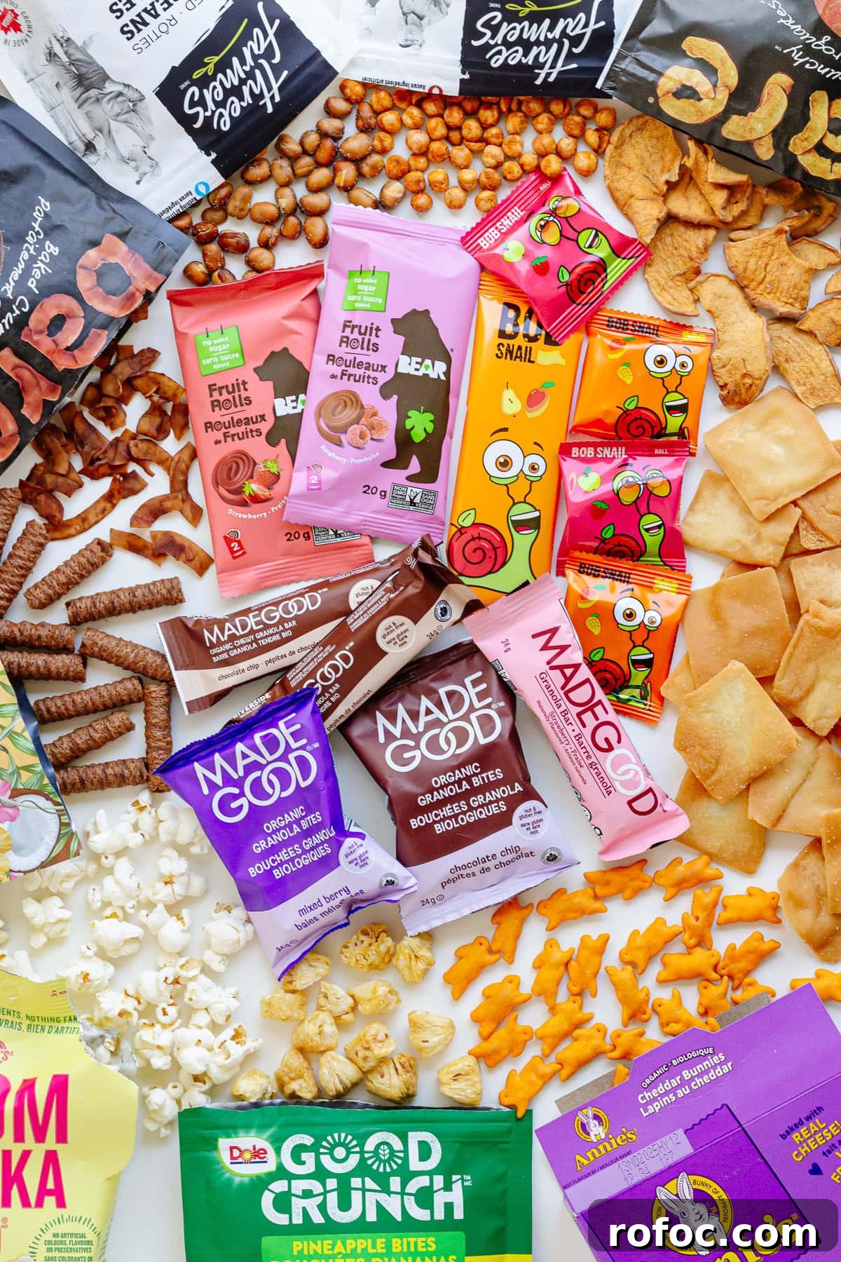 Nutritious Packaged Snacks Kids Will Actually Love 2 Overhead photo of a variety of packaged snacks for kids.