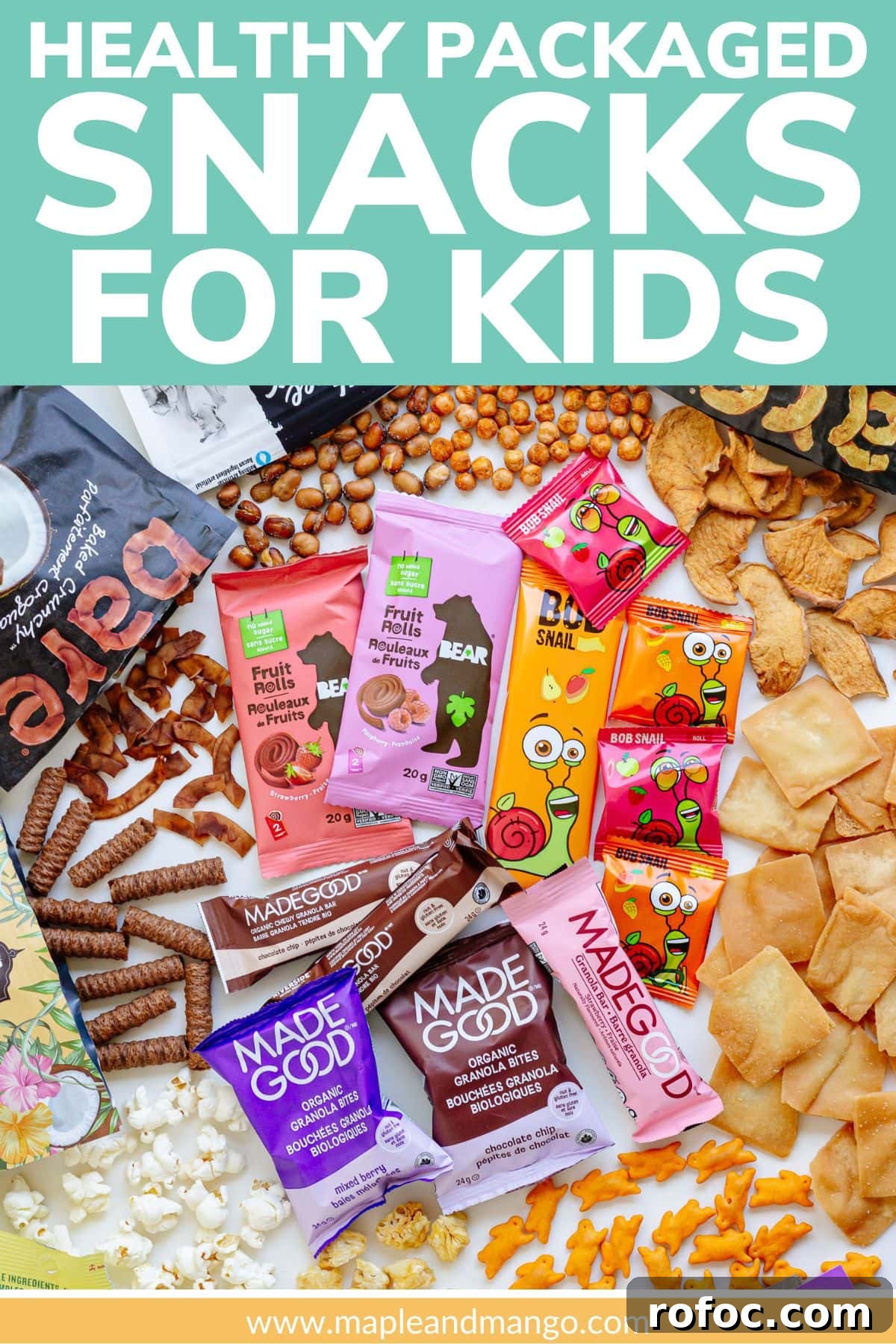 Nutritious Packaged Snacks Kids Will Actually Love 3 Pinterest graphic for healthy packaged snacks for kids.