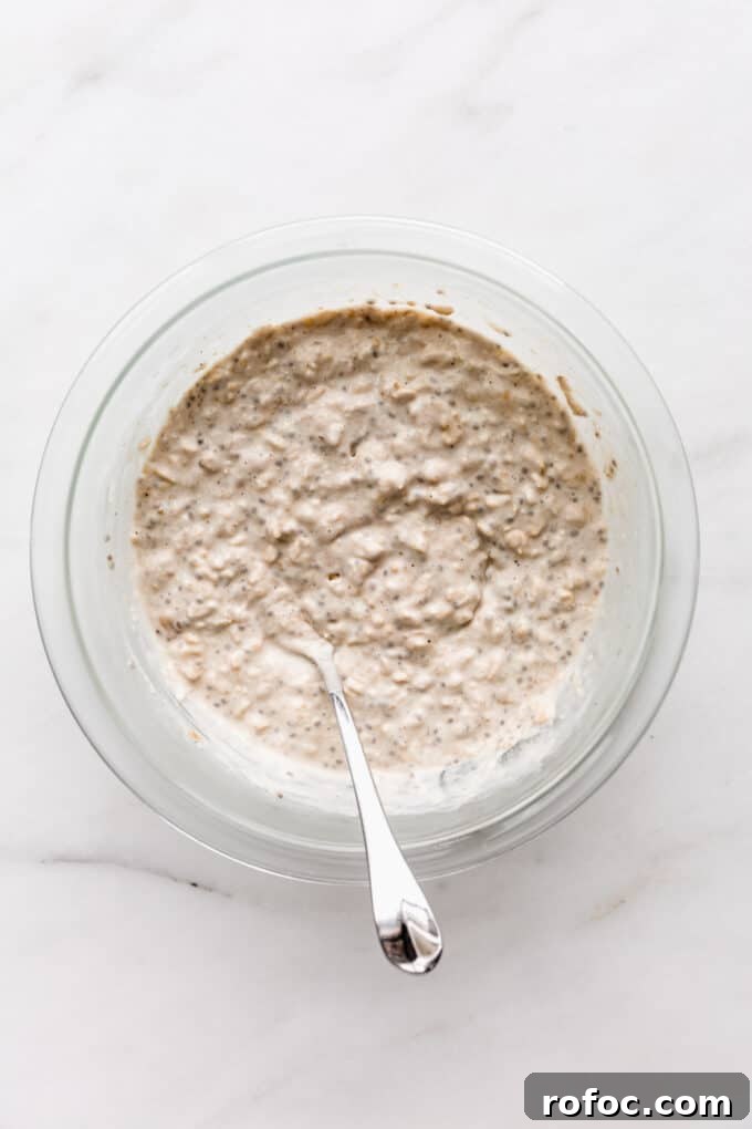 Banana Cream Pie Overnight Oats Recipe for Creamy Make-Ahead Breakfast 8 banana overnight oats in a large bowl.