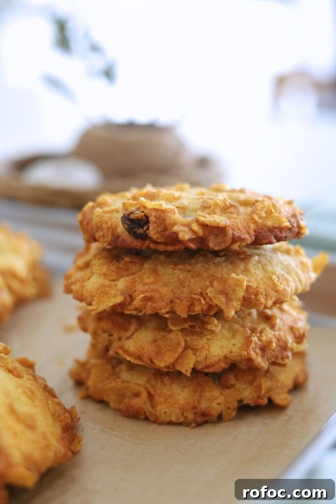 Sourdough Cornflake Raisin Cookies Recipe for Crispy Chewy Cookies 8 A stack of 4 sourdough cornflake raisin cookies.