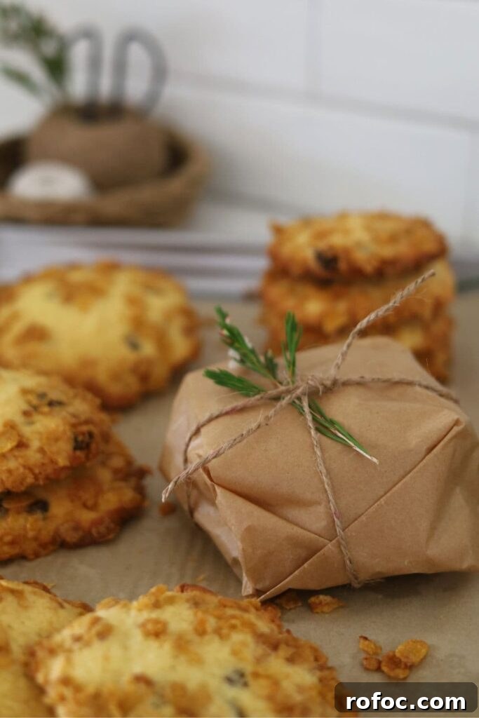 Sourdough Cornflake Raisin Cookies Recipe for Crispy Chewy Cookies 9 Sourdough cornflake raisin cookies wrapped in baking paper and tied with some string and a little stem of white flowers.