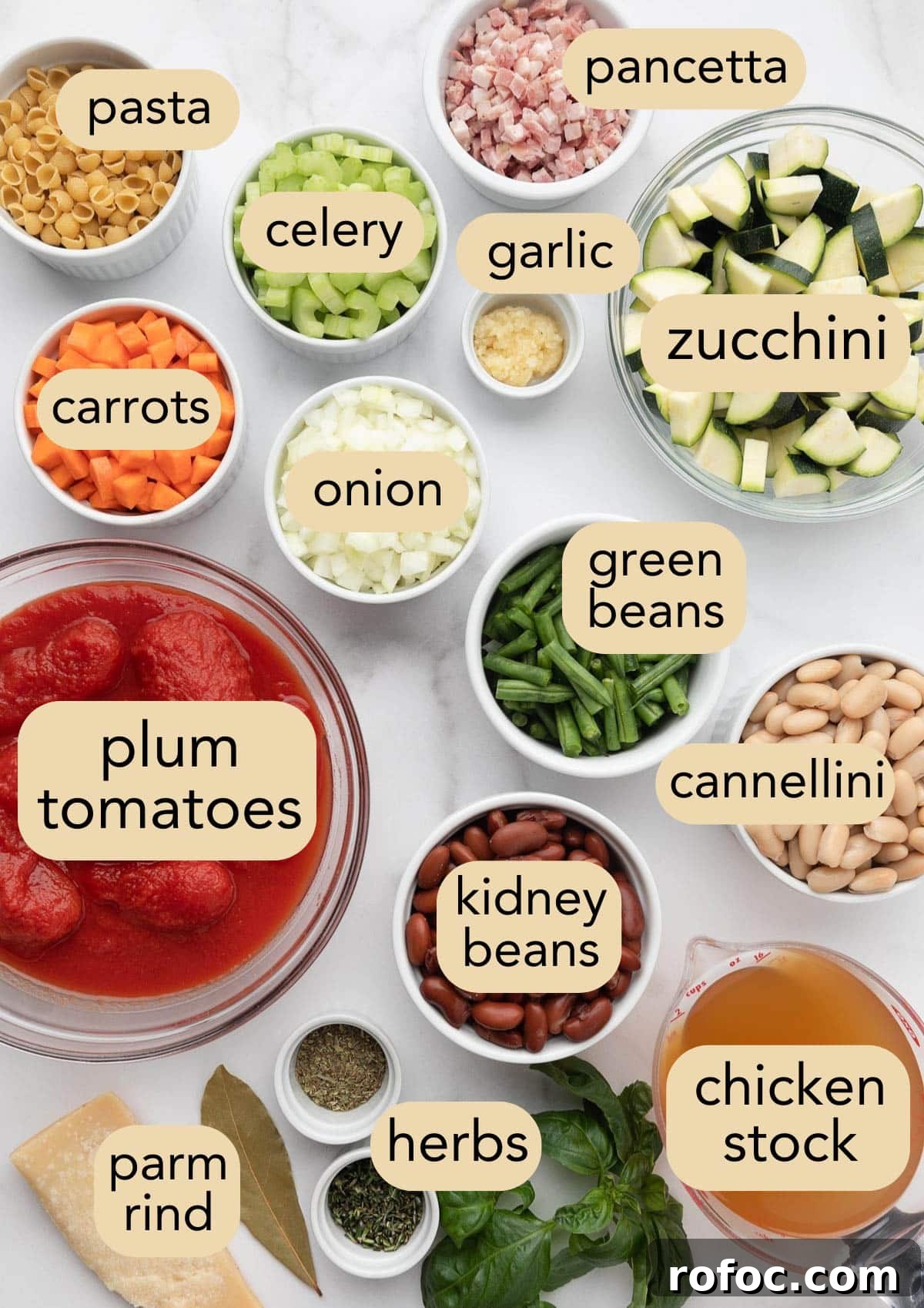 Classic Italian Minestrone Soup Recipe for Cozy Weeknight Dinners 3 overhead of ingredients needed to make Minestrone Soup in bowls with text label overlays