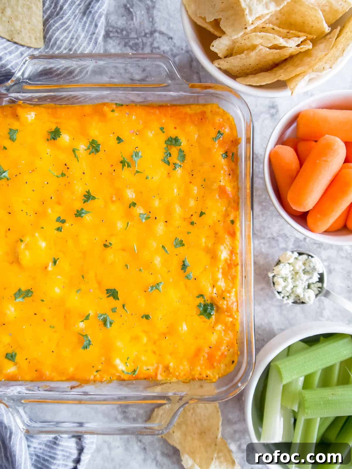 Creamy Buffalo Chicken Dip Made with Canned Chicken 9 Buffalo chicken dip with canned chicken after being baked in the oven.