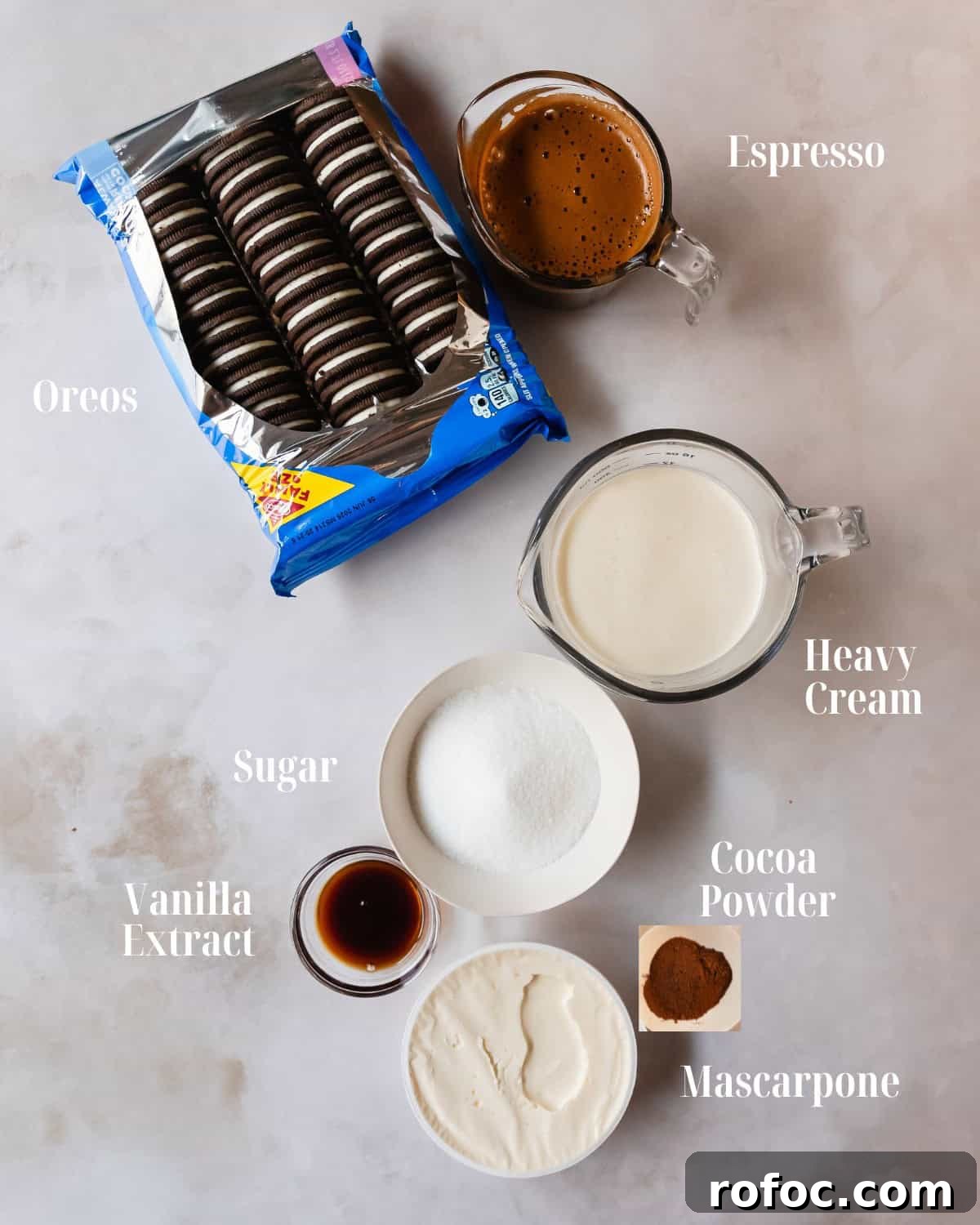 Oreo Tiramisu Recipe: Creamy No-Bake Dessert with Chocolate Cookies 3 Gather freshly brewed espresso, Oreo cookies, heavy cream, granulated sugar, mascarpone cheese, vanilla extract and cocoa powder.