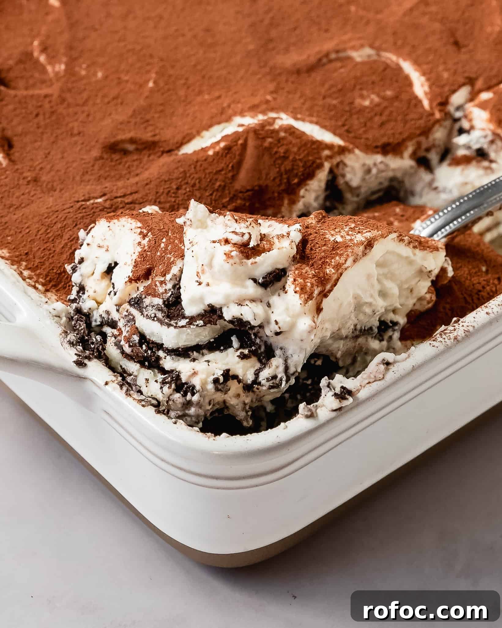 Oreo Tiramisu Recipe: Creamy No-Bake Dessert with Chocolate Cookies 4 Oreo tiramisu is a decadent no bake dessert made with espresso dipped Oreo cookies layered with creamy whipped mascarpone filling, topped with a dusting of cocoa powder.