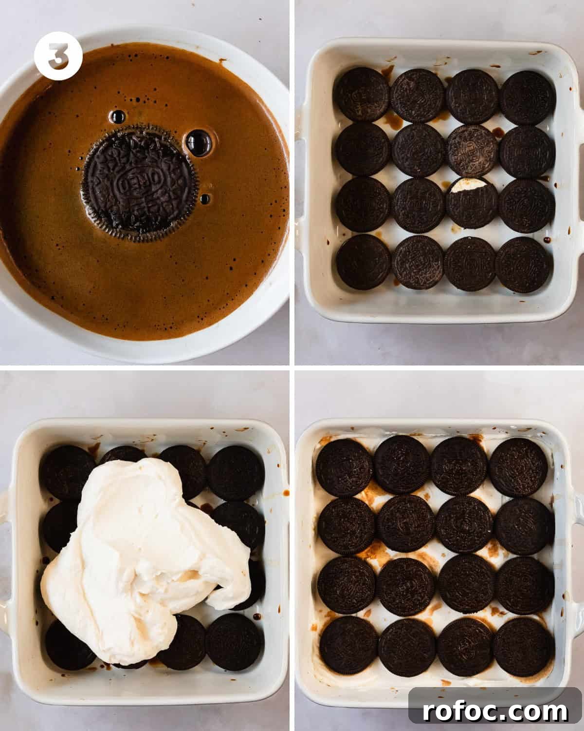 Oreo Tiramisu Recipe: Creamy No-Bake Dessert with Chocolate Cookies 6 Assemble the Oreo tiramisu by dipping Oreos in espresso and layering with mascarpone filling.