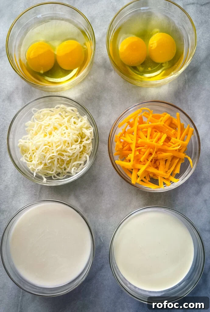 Shrimp & Crab Quiche Recipe with Creamy Cheese Filling 6 raw eggs, shredded cheese, almond milk, and heavy cream in separate glass bowls