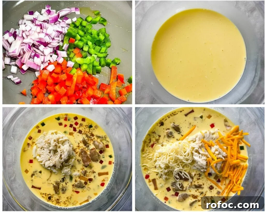 Shrimp & Crab Quiche Recipe with Creamy Cheese Filling 8 eggs, chopped veggies, shredded cheese, and crab in a glass bowl