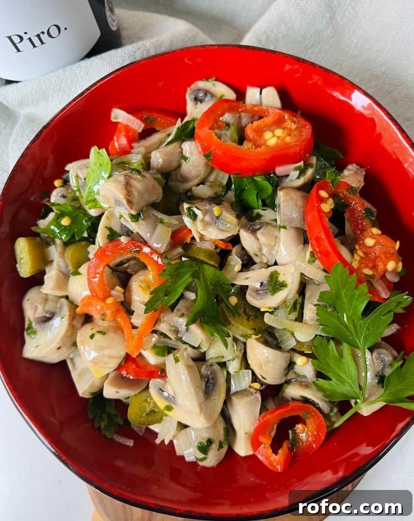 Spicy Marinated Italian Deli Mushrooms — Pickled Mushroom Recipe 2 Spicy Italian Marinated Mushrooms Finished and Styled in Bowl