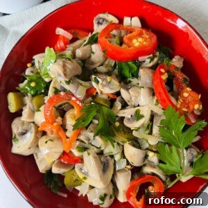 Spicy Marinated Italian Deli Mushrooms — Pickled Mushroom Recipe 24 Spicy Italian Pickled Mushrooms Finished and Styled in Bowl.