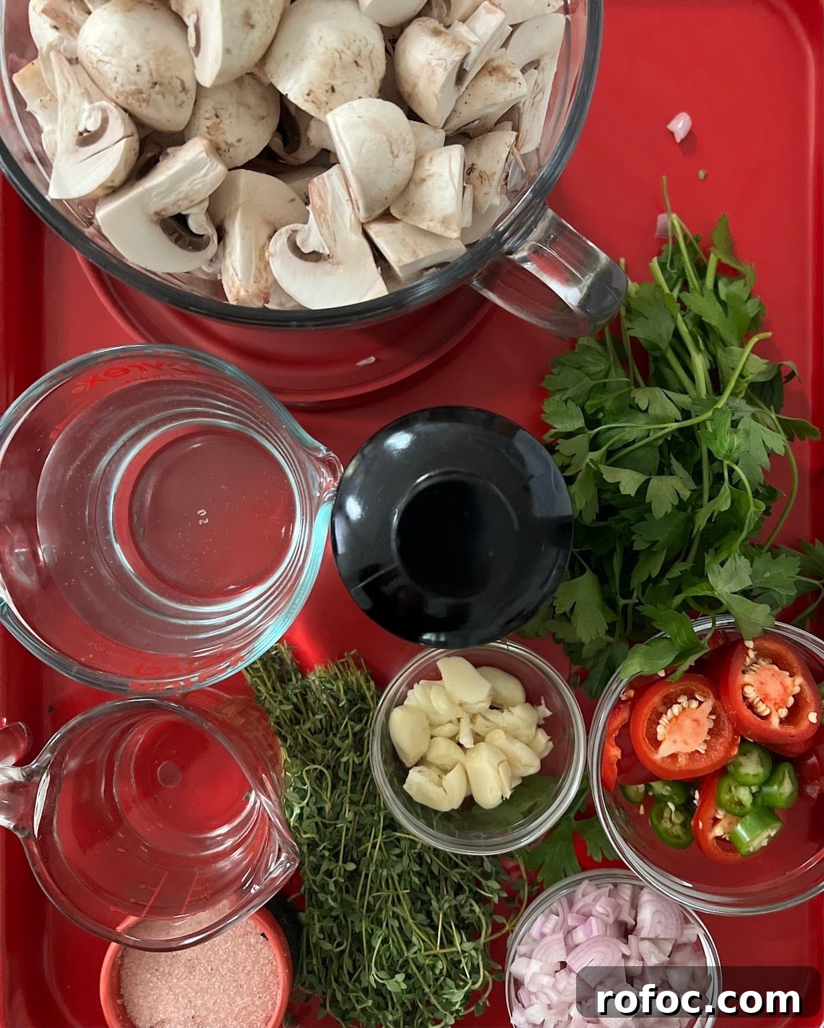 Spicy Marinated Italian Deli Mushrooms — Pickled Mushroom Recipe 5 Spicy Italian Marinated Mushrooms Ingredients Overhead