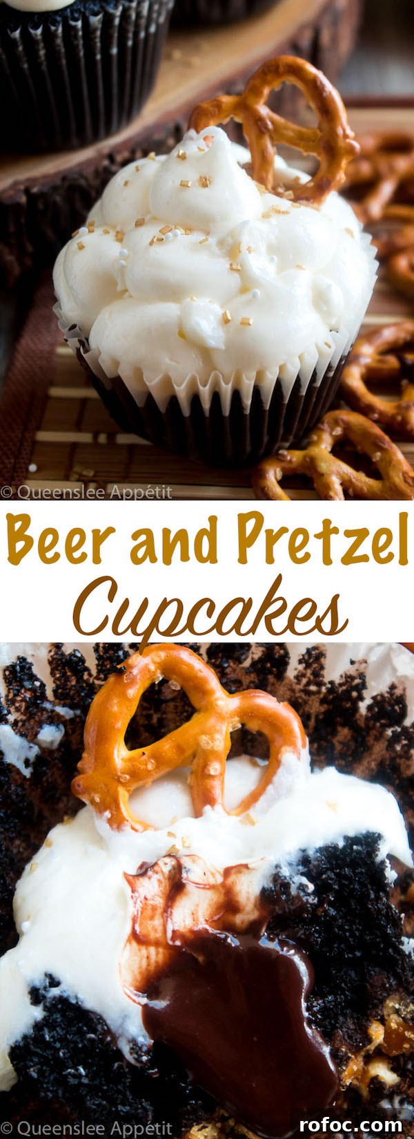 Savory Beer & Pretzel Cupcakes: Unexpected Party Dessert 11 Pinterest pin image for Beer and Pretzel Cupcakes