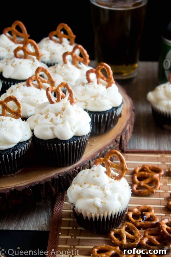 Savory Beer & Pretzel Cupcakes: Unexpected Party Dessert 3 Beer and Pretzel Cupcakes topped with beer buttercream and pretzel