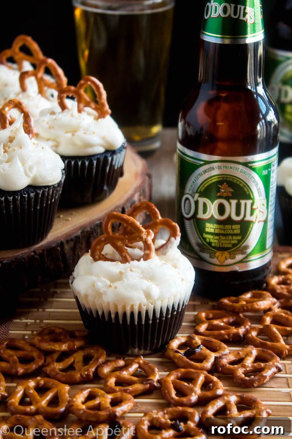 Savory Beer & Pretzel Cupcakes: Unexpected Party Dessert 4 Cross-section of Beer and Pretzel Cupcakes showing ganache filling