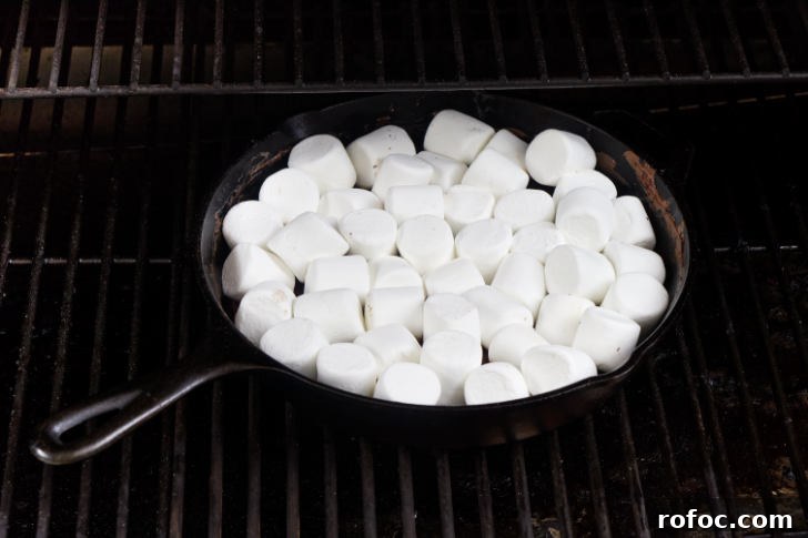 Traeger Smores Dip Recipe for Campfire-Style Desserts 8 Marshmallows and chocolate in a skillet on a Traeger.