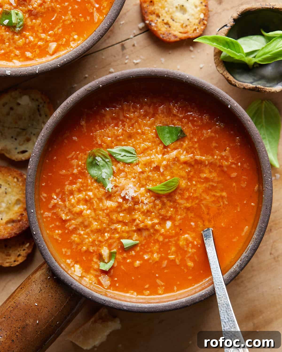 Creamy Tomato Basil Soup Made with Canned Tomatoes 5 Up close overhead image of creamy tomato basil soup in soup bowl with garnish.