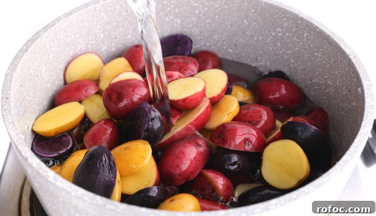 Warm German-Style Potato Salad Recipe for Authentic Flavor 2 pouring water over baby potatoes in small pot