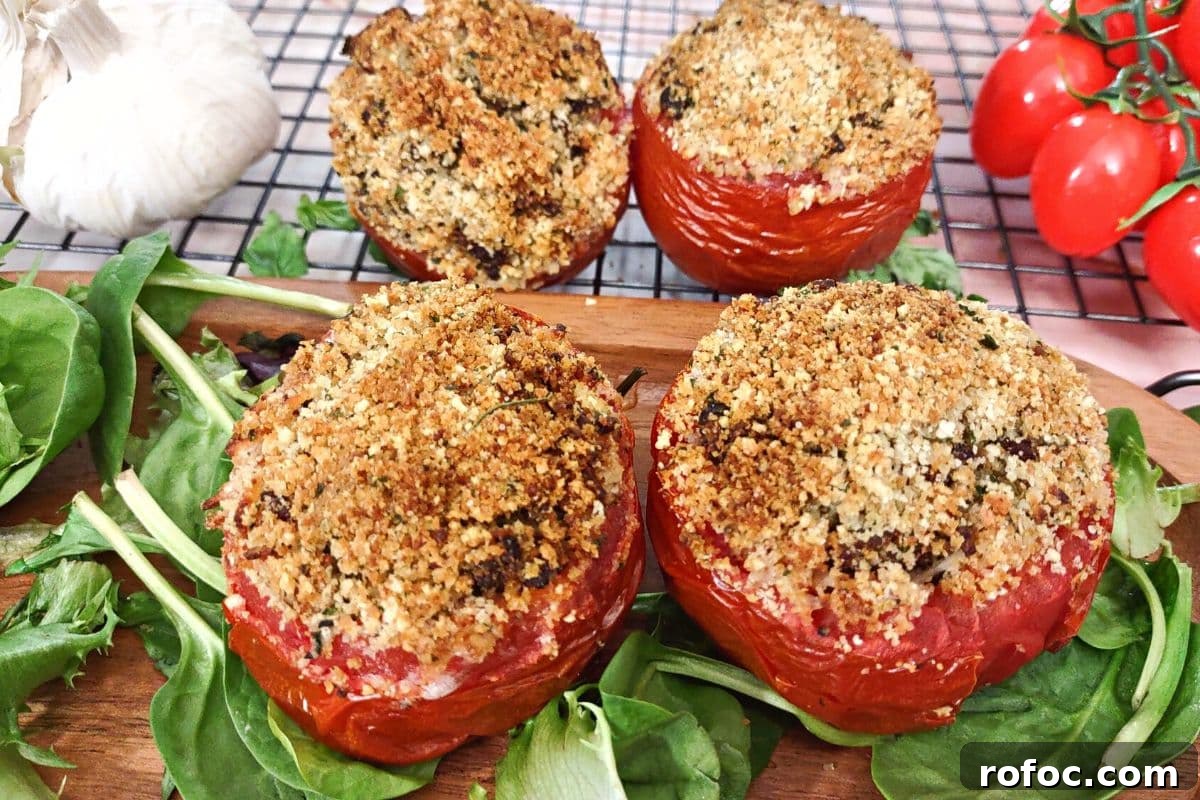 11 Creative Air Fryer Tomato Recipes for Flavorful Meals 5 four italian stuffed tomatoes on a bed of basil with fresh garlic in the background