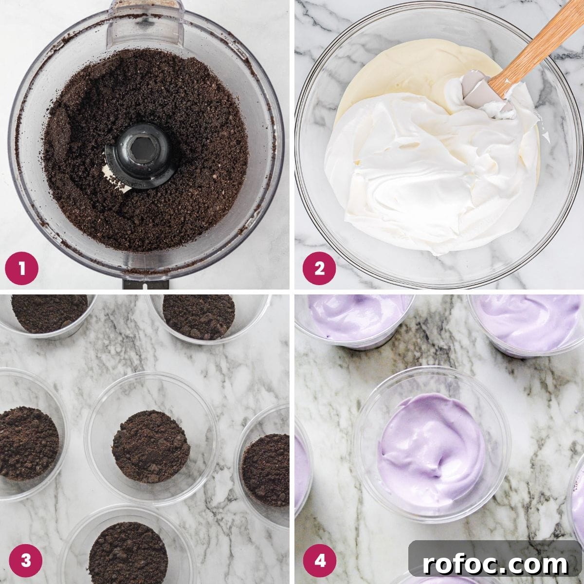 Easter Dirt Cup Treats: Chocolate Pudding Parfaits with Oreo Soil 4 Collage of 4 images showing how to make dirt cups