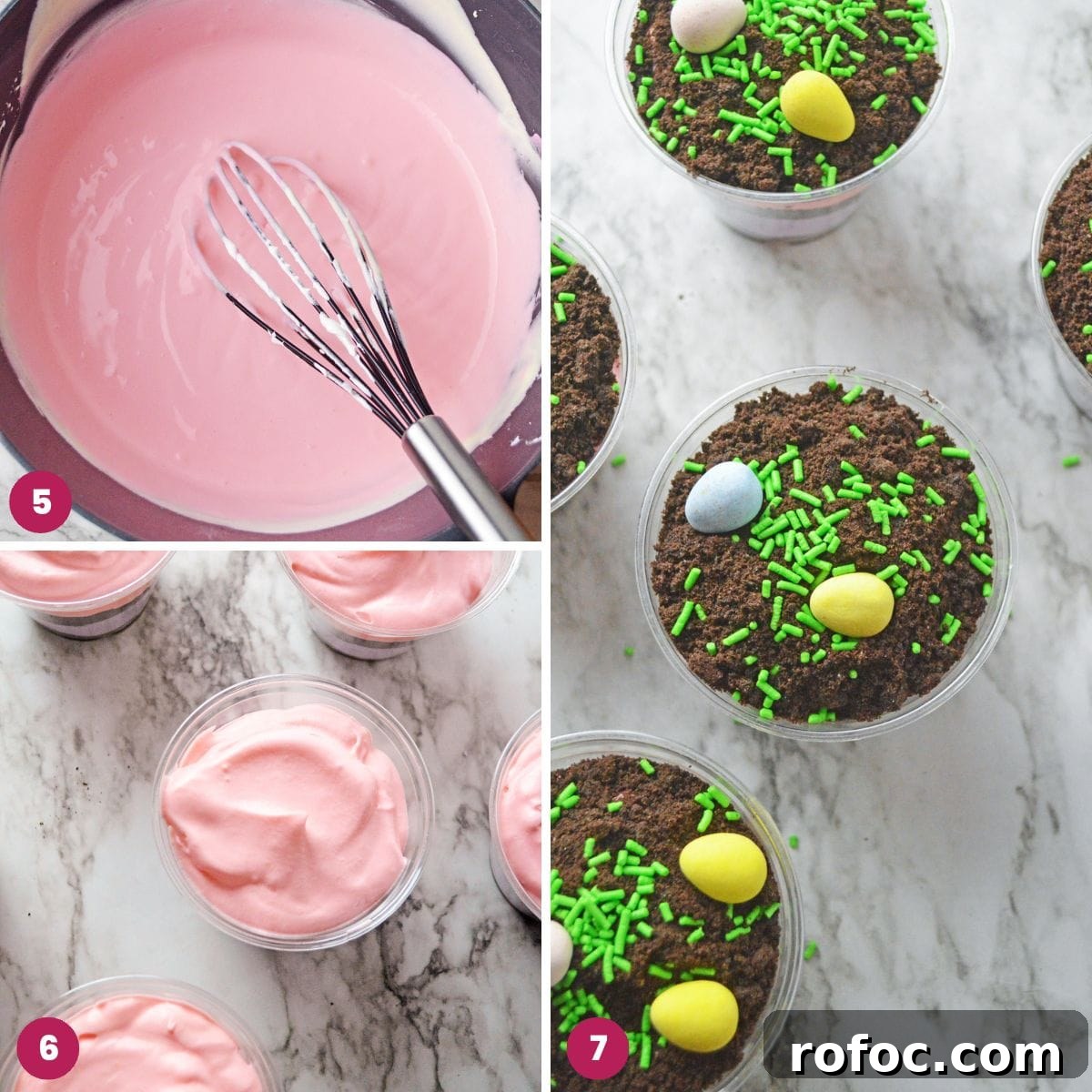 Easter Dirt Cup Treats: Chocolate Pudding Parfaits with Oreo Soil 5 Collage of 3 images showing how to make Easter themed dirt cups