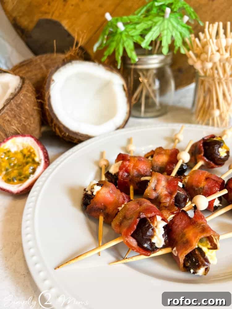 9 Tropical Cocktail Appetizers for Your Next Party 4 Plate with bacon-wrapped dates stuffed with goat cheese and almonds.