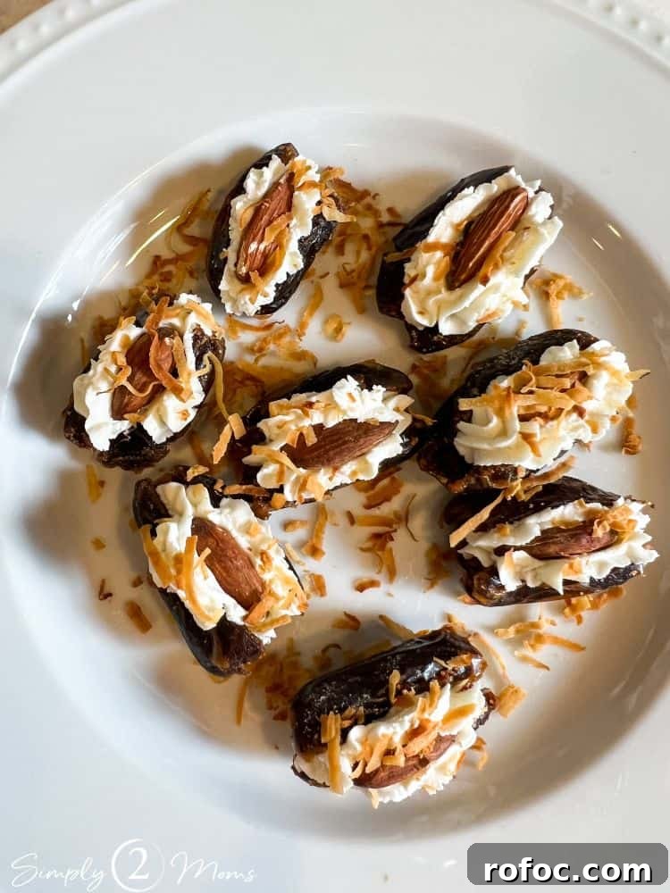 9 Tropical Cocktail Appetizers for Your Next Party 9 Plate with goat cheese stuffed dates with almonds garnished with toasted coconut.