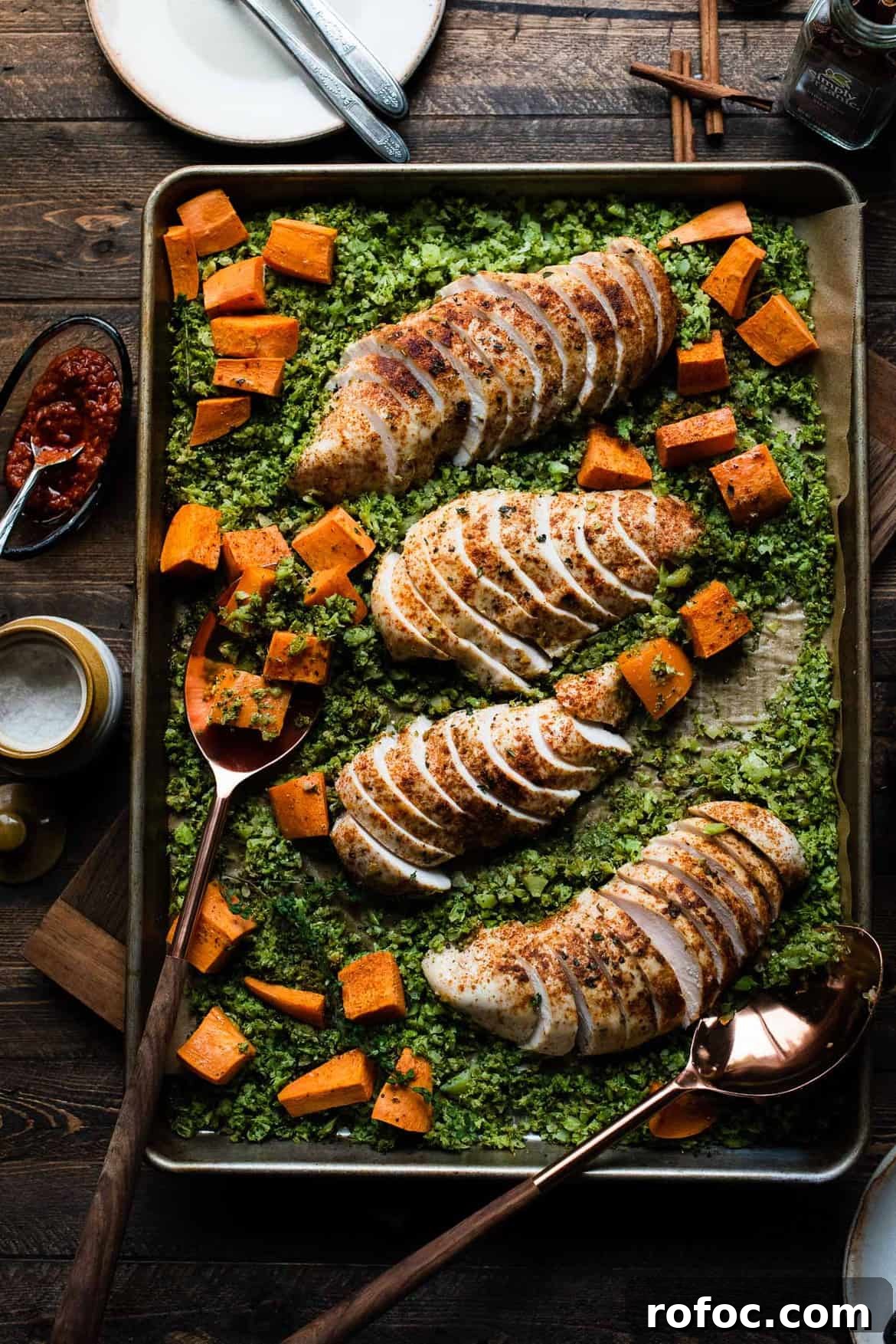 Sheet-Pan Moroccan Chicken with Broccoli Rice & Roasted Sweet Potatoes 8 Sliced Sheet Pan Moroccan Chicken with Broccoli Rice and Sweet Potatoes on a baking tray.