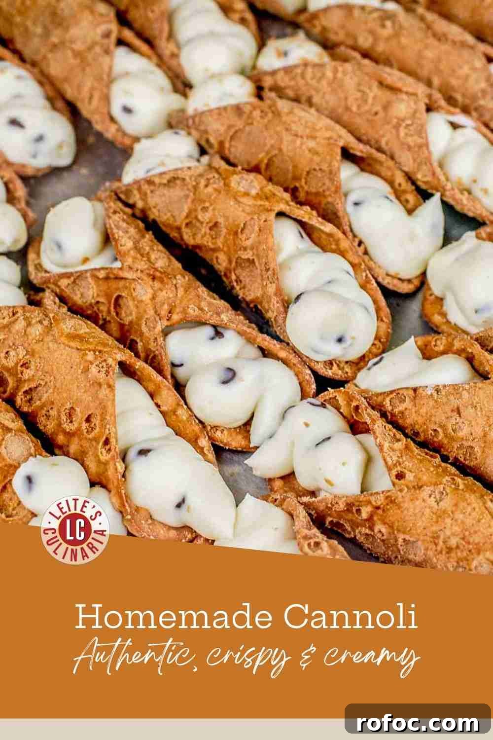 Classic Italian Cannoli Recipe: Crispy Shells & Sweet Ricotta Filling 3 Close-up of golden, bubbly cannoli shells piped with creamy ricotta filling and mini chocolate chips.