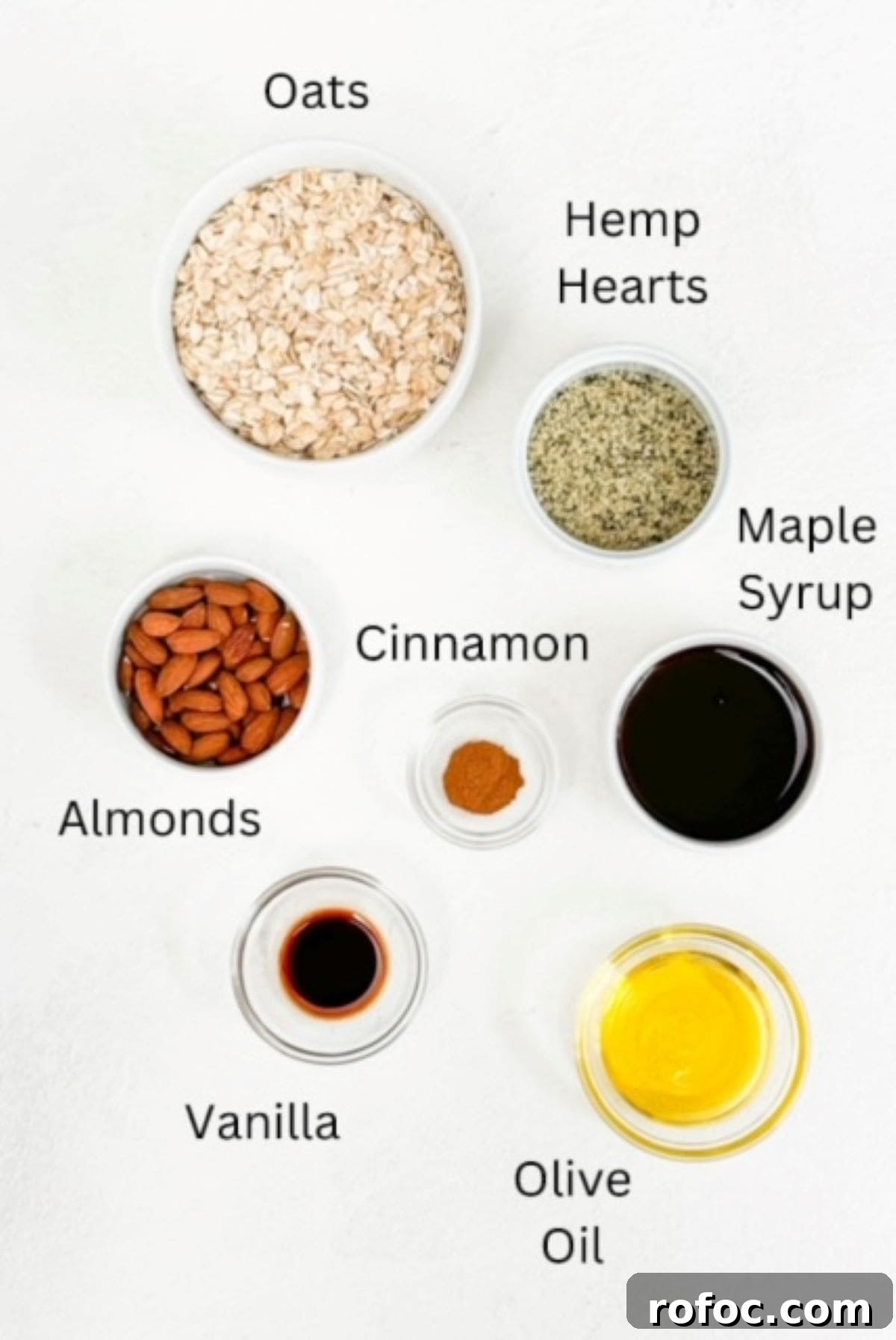 Low-Sugar Homemade Granola Recipe for Crunchy Breakfast 3 Granola ingredients, labeled.