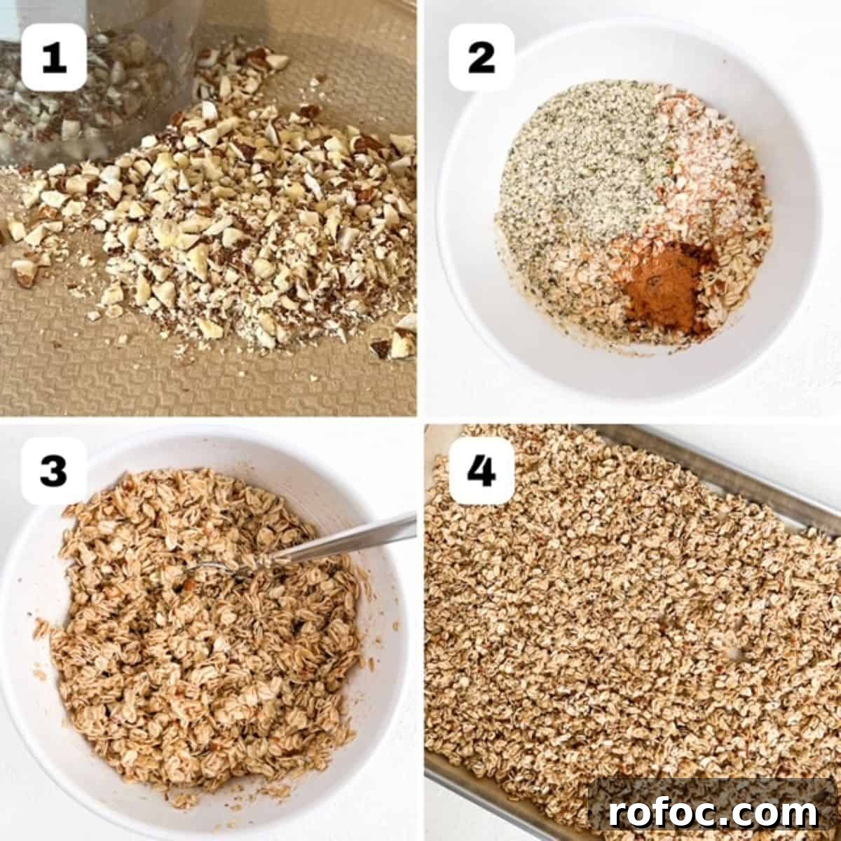 Low-Sugar Homemade Granola Recipe for Crunchy Breakfast 4 Four process shots showing how to make homemade granola.