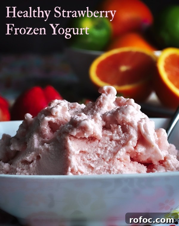 Strawberry Frozen Yogurt with Orange and Lime Zest 9 A bowl of healthy strawberry frozen yogurt.