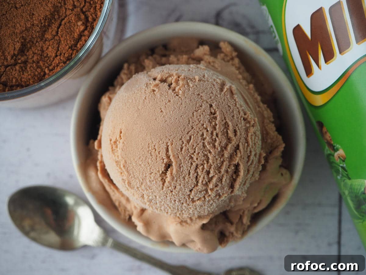 Creamy Milo Ice Cream Recipe: Homemade Milo Frozen Treat 12 Top down view scoop of Milo ice cream in a bowl, with Milo tin on the side, glass of Milo and spoon.