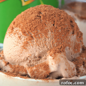 Creamy Milo Ice Cream Recipe: Homemade Milo Frozen Treat 13 Close up scoop Milo ice cream sprinkled with Milo, in a small bowl, with Milo tin and glass of Milo in the background.