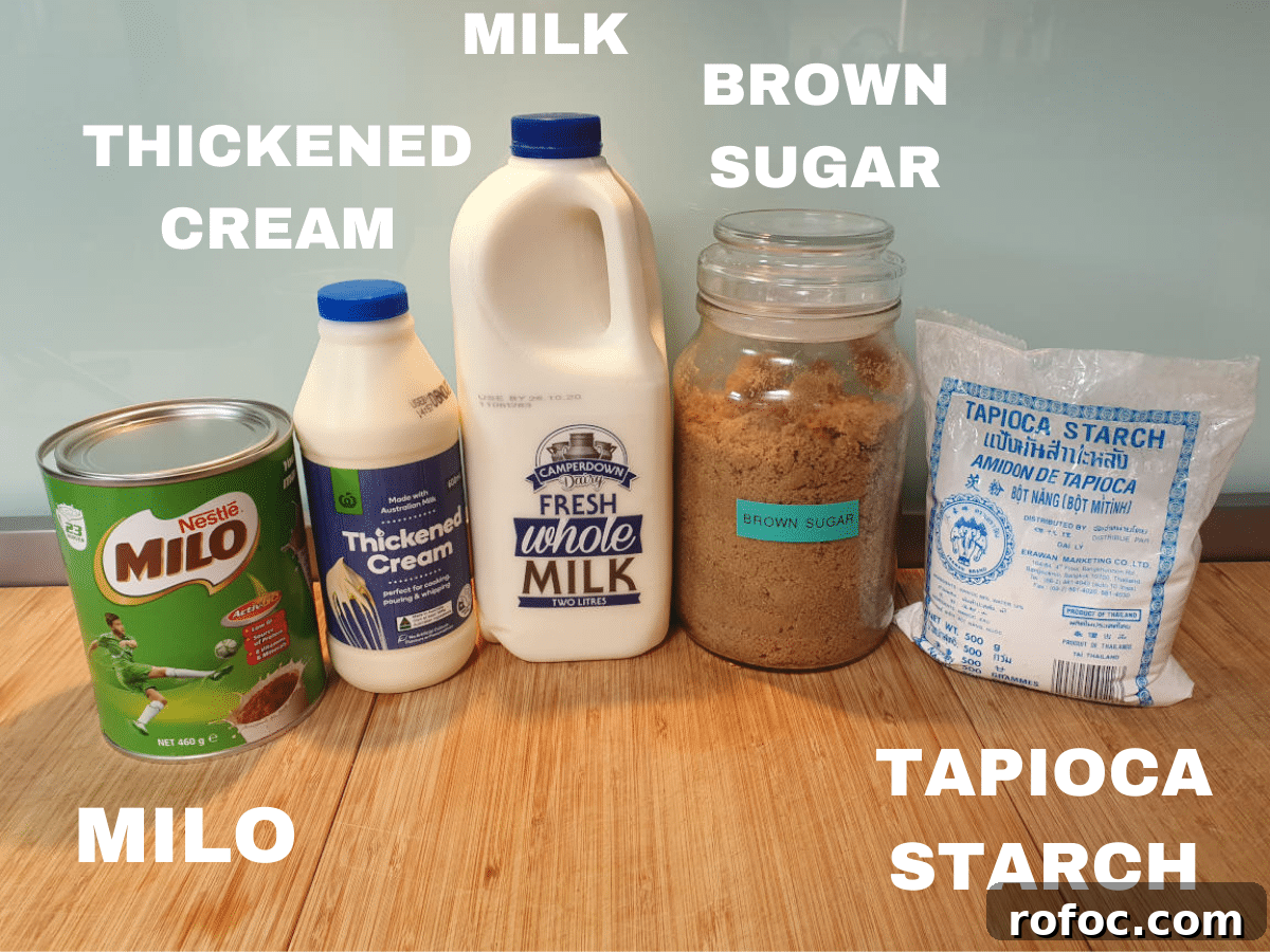 Creamy Milo Ice Cream Recipe: Homemade Milo Frozen Treat 3 Milo ice cream ingredients, milo, thickened cream, milk, brown sugar, tapioca starch.