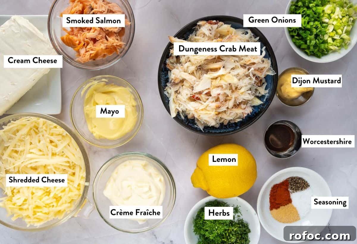 Dungeness Crab Dip That Pairs Perfectly for Parties 3 Ingredients for Dungeness Crab Dip in bowls with titles.