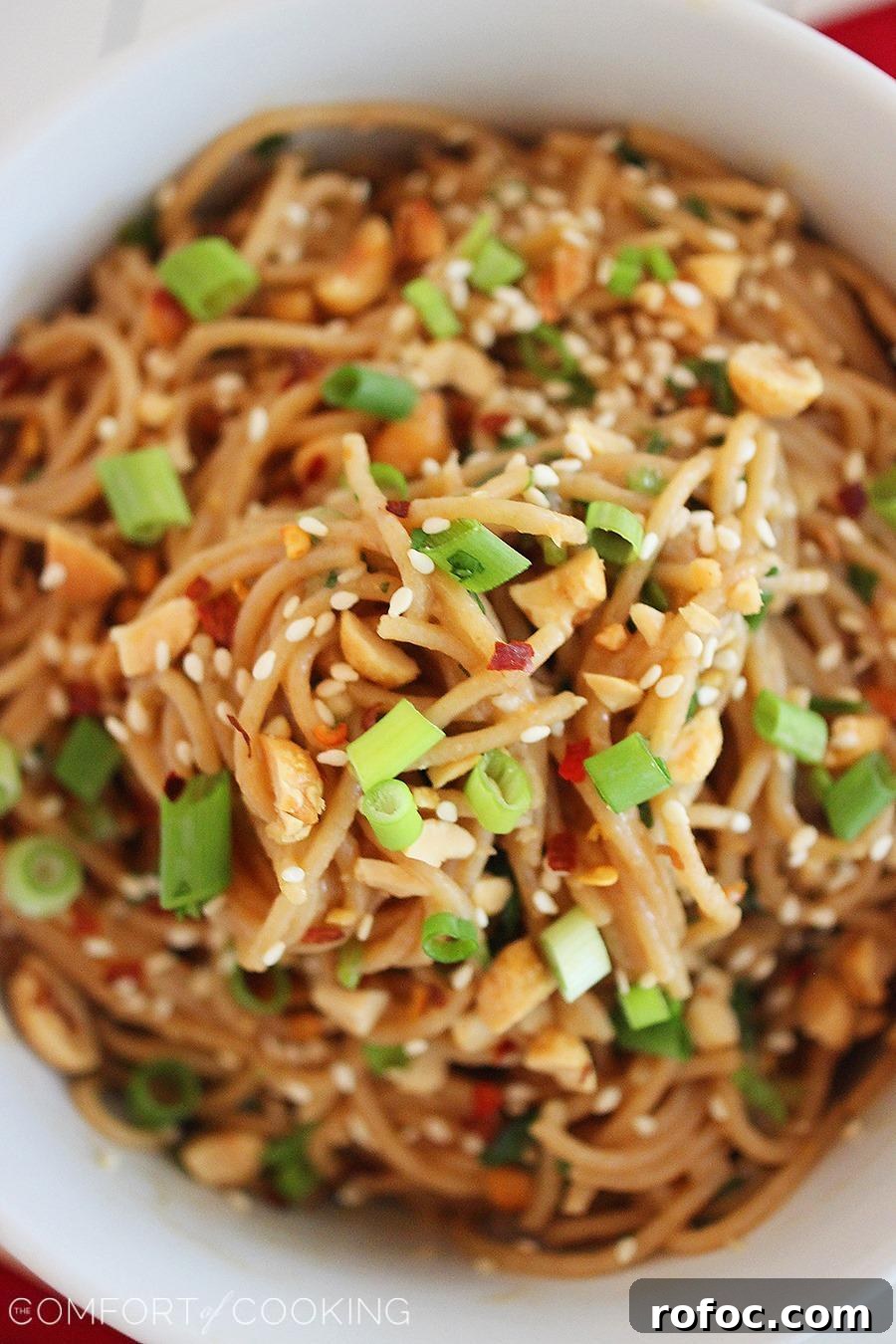 Asian Soy-Peanut Noodles with Sesame and Scallions 4 Simple Asian Soy-Peanut Noodles – These whole wheat noodles are a delicious twist on a takeout fave & only take 10 minutes! | thecomfortofcooking.com