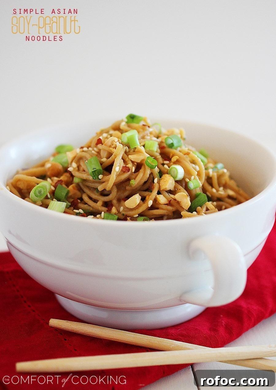 Asian Soy-Peanut Noodles with Sesame and Scallions 5 Simple Asian Soy-Peanut Noodles – These whole wheat noodles are a delicious twist on a takeout fave & only take 10 minutes! | thecomfortofcooking.com
