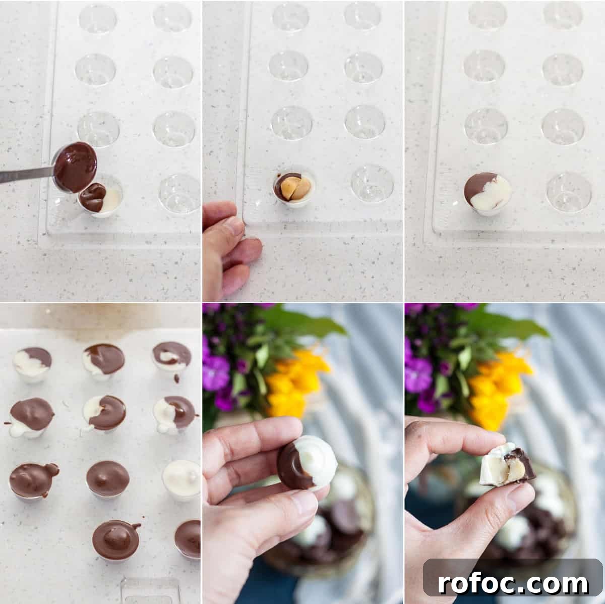 A 6-photo collage showing how to make Chocolate Covered Macadamia Nuts with a candy mold.