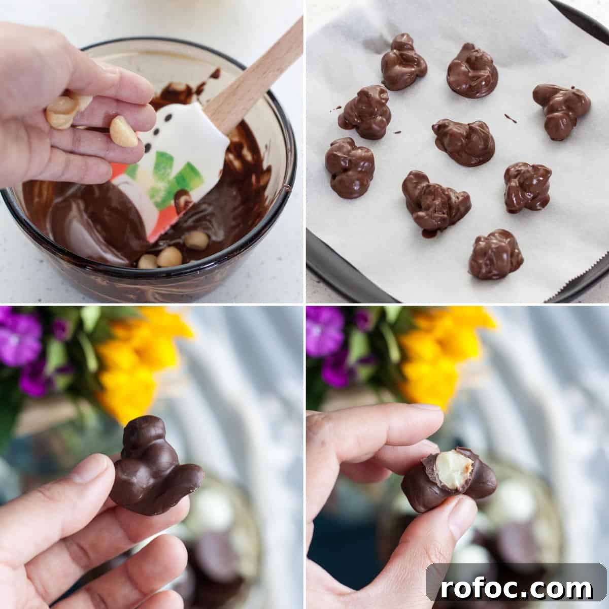 A 4-photo collage showing how to make Chocolate Covered Macadamia Nuts without a candy mold.