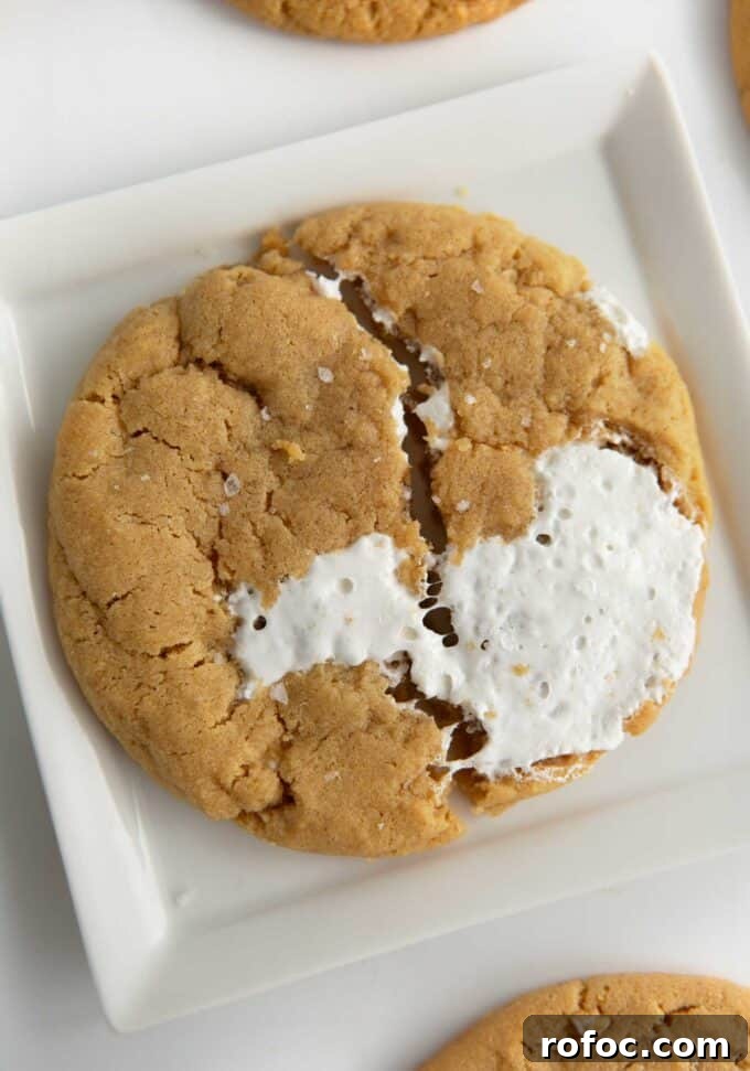 Chewy Fluffernutter Peanut Butter & Marshmallow Cookies 11 Chewy fluffernutter cookie on square plate