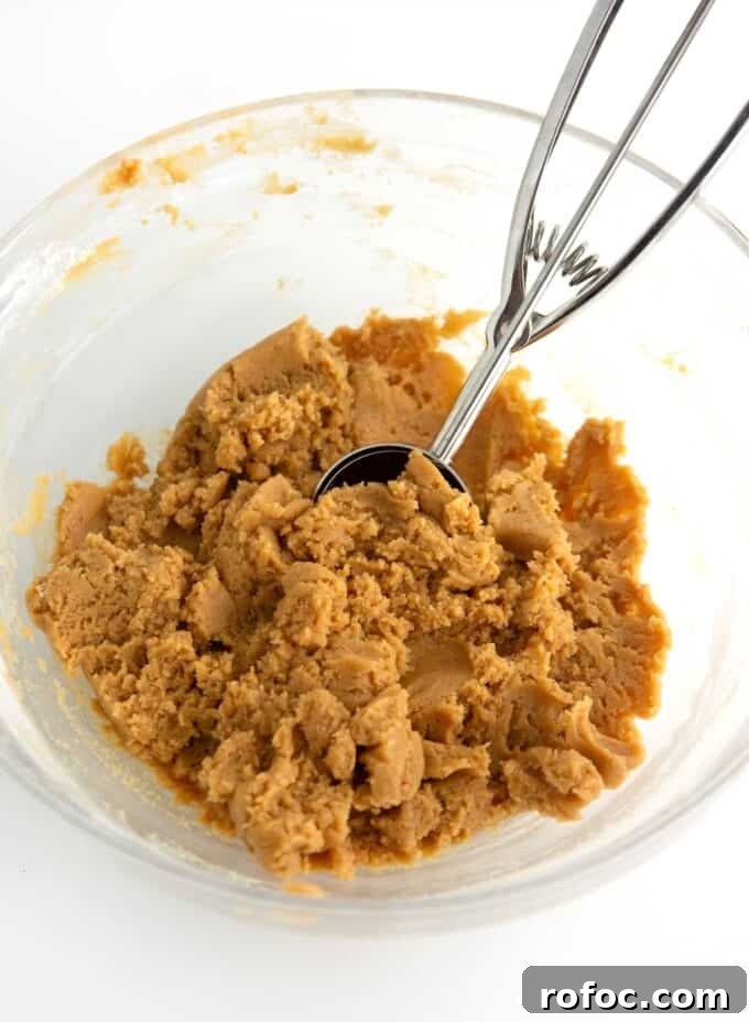 Chewy Fluffernutter Peanut Butter & Marshmallow Cookies 5 bowl of peanut butter fluffernutter cookie dough with cookie scoop