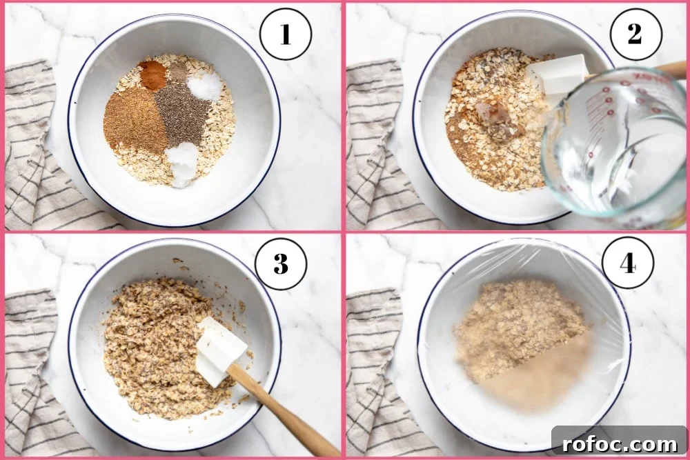 Vegan Gluten-Free Baked Oatmeal Bars Made with Natural Sweeteners 5 Process shot divided into 4 quadrants showing how to make the oatmeal mixture.