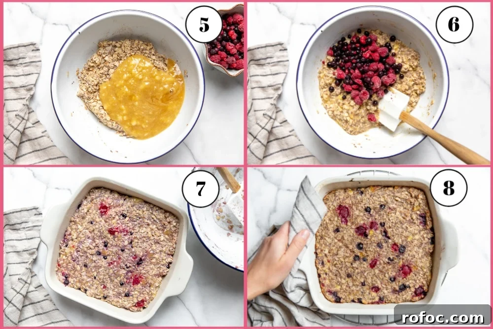 Vegan Gluten-Free Baked Oatmeal Bars Made with Natural Sweeteners 6 Process shot divided into four quadrants, showing how to mix the banana puree and berries into the the oatmeal mixture and bake it.