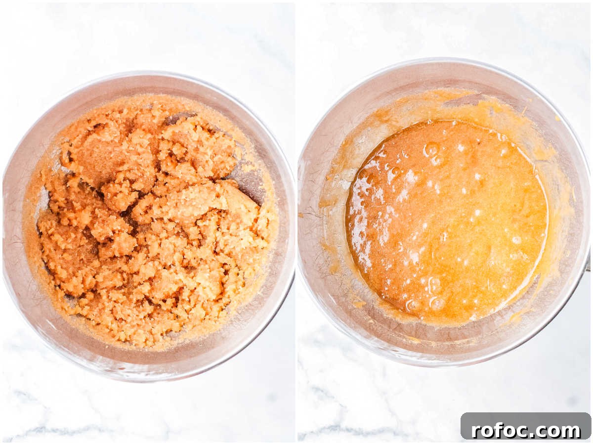 Side-by-side bowls showing browned butter sugar cookie dough before and after adding eggs and extracts for Christmas sprinkle cookies, illustrating creamed and smooth batter stages.