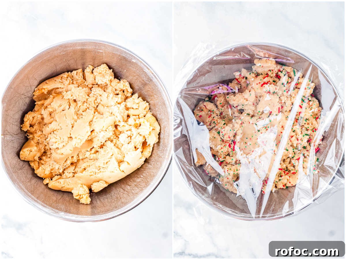Cookie dough before and after folding in red, green, and white sprinkles for Christmas sprinkle sugar cookies, covered and ready to chill.