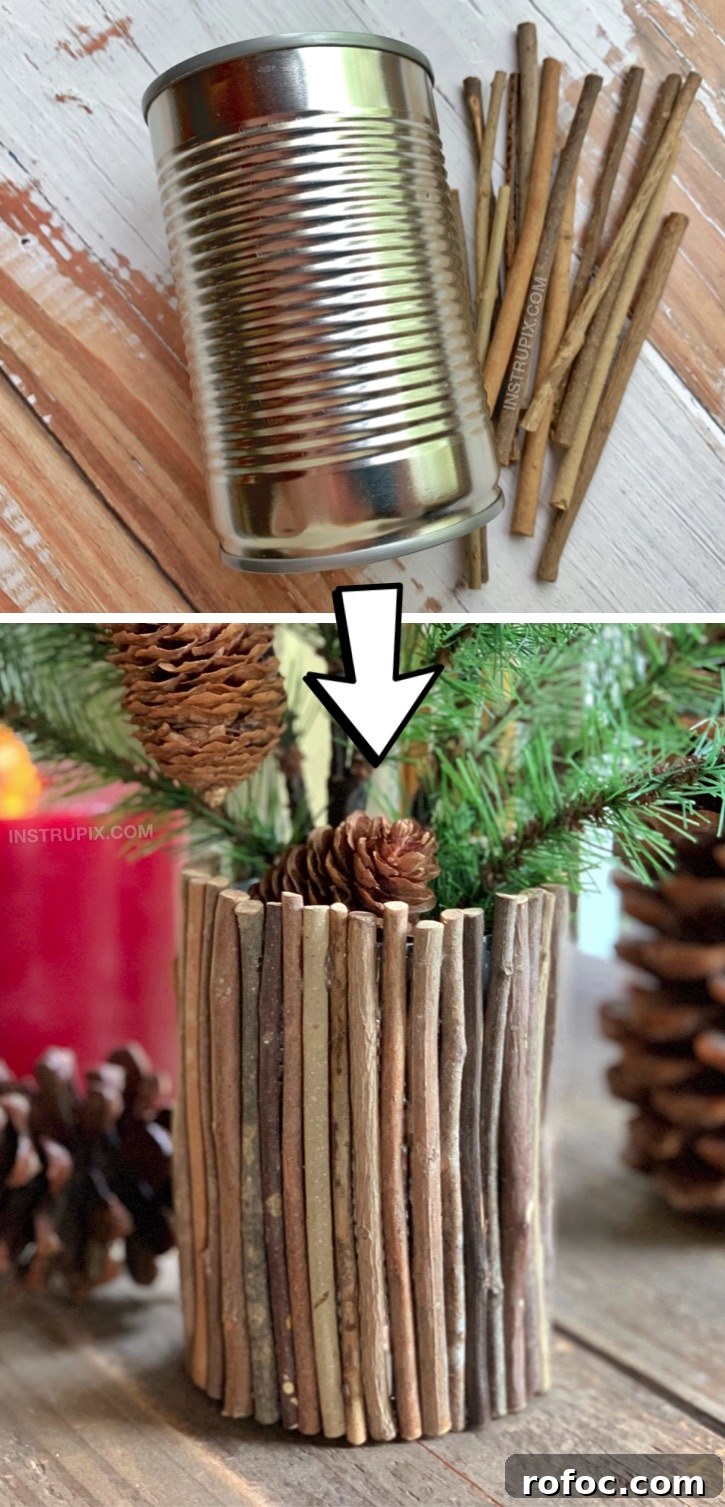 Cheap & Easy Upcycling Christmas Craft: DIY Rustic Vase made out of a tin can! Looking for upcycling crafts? There are so many ways to dress up a tin can! This cheap and easy project is great for kids and adults! Simply use sticks and hot glue to cover a tin can. #upcycling #recycling #easycrafts #instrupix 
