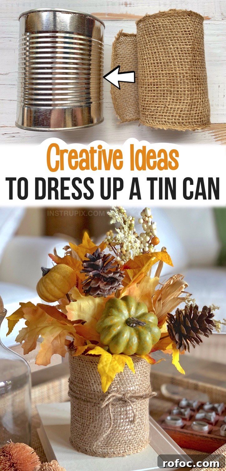 If you're looking for craft projects to make, try dressing up a tin can! There are so many fun and creative ways to make them pretty with things like ribbon, twine, sticks, print outs and more. They make for the perfect organizing containers for a craft room or office, as well as gorgeous holiday displays. This burlap wrapped tin can is perfect for holiday decorating-- Fall, Thanksgiving, Christmas or any holiday. This easy recycling craft is perfect for kids and adults to make! Teenagers, too.