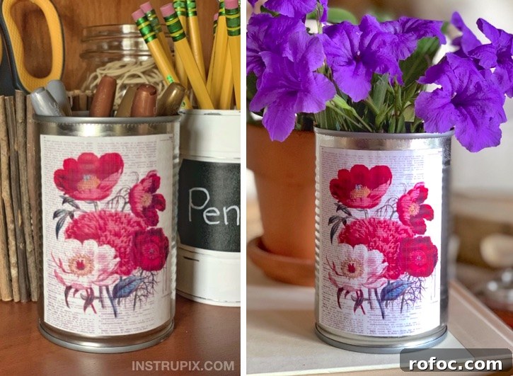 Mod Podge craft idea using tin cans. Cheap and easy project!