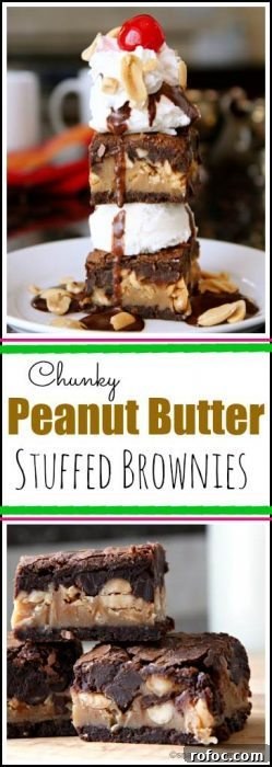 Chunky Peanut Butter-Filled Brownies: Gooey Chocolate Squares 2 Chunky Peanut Butter Stuffed Brownies Recipe - fudgy brownie recipe with peanuts and dark chocolate | SnappyGourmet.com