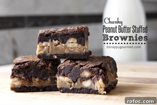 Chunky Peanut Butter-Filled Brownies: Gooey Chocolate Squares 10 Chunky Peanut Butter Stuffed Brownies Recipe | snappygourmet.com
